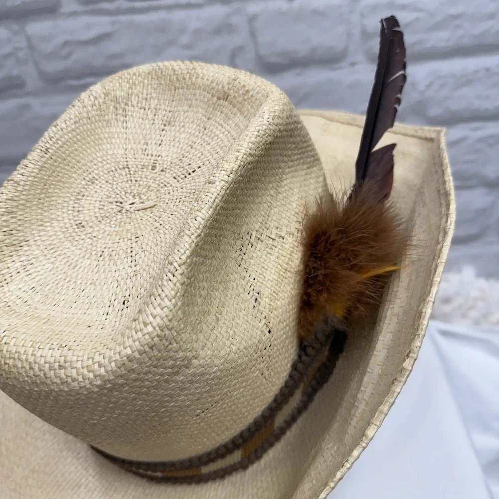 Rodeo Straw Cowboy Hat Brown Band‎ & Feather Size 7 1/4 Western Wear Ranch King